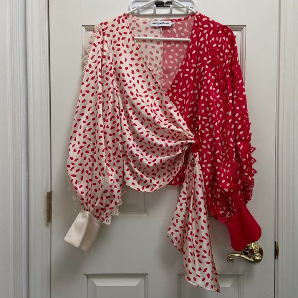 NEW Self-Portrait Red and Cream Lace Trim Satin Polka Dot Print Blouse Size US 4 - Picture 1 of 9